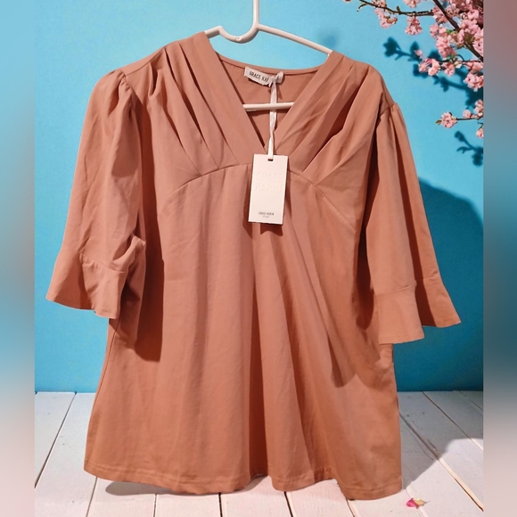 Grace Karin Tops - Grace Karin Rose Pink Bell Sleeves Vneck Pleated Shirt Womans 2x Flowy Drape